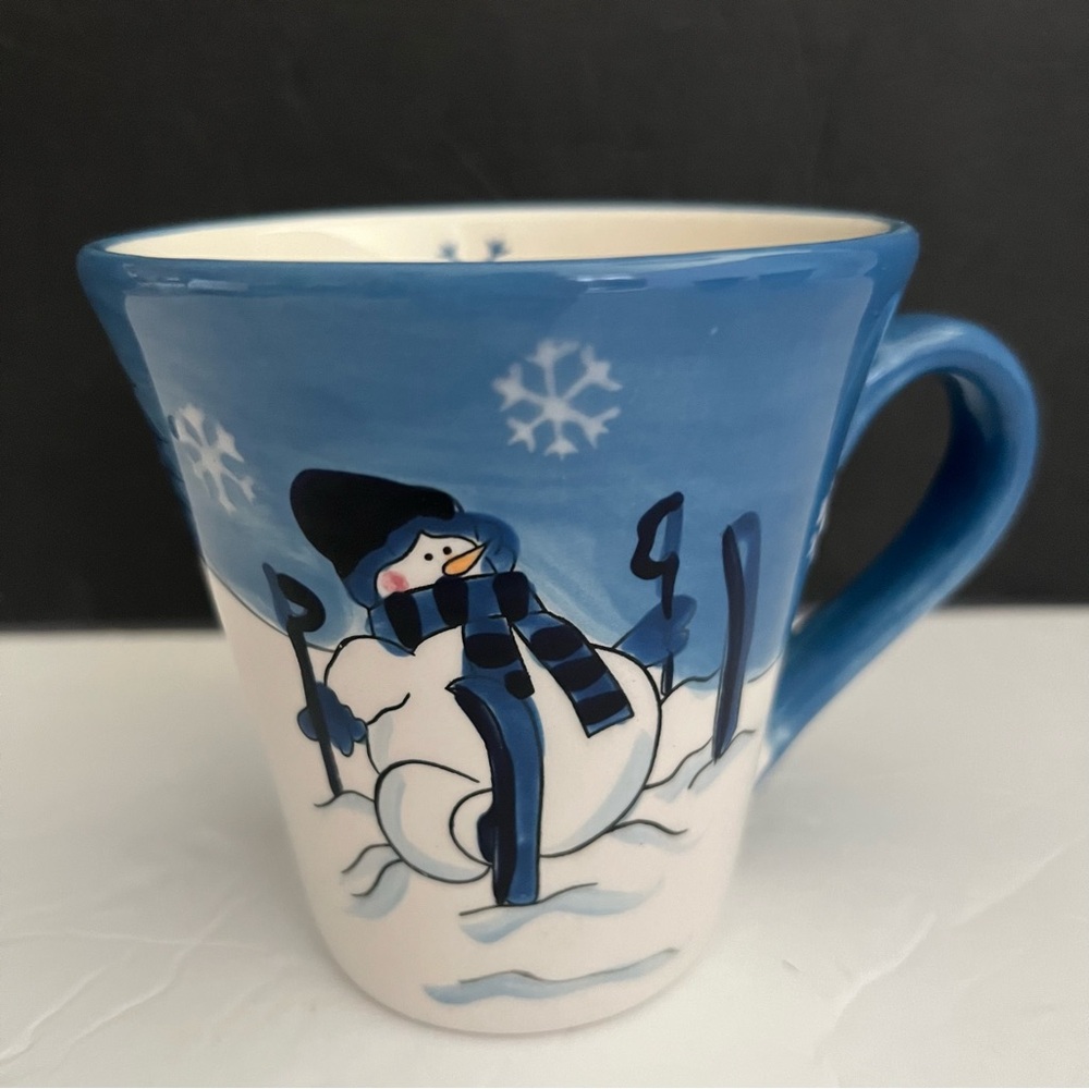 Set of 3 Snowman Skating Christmas Blue and White Mugs by Canterbury Potteries